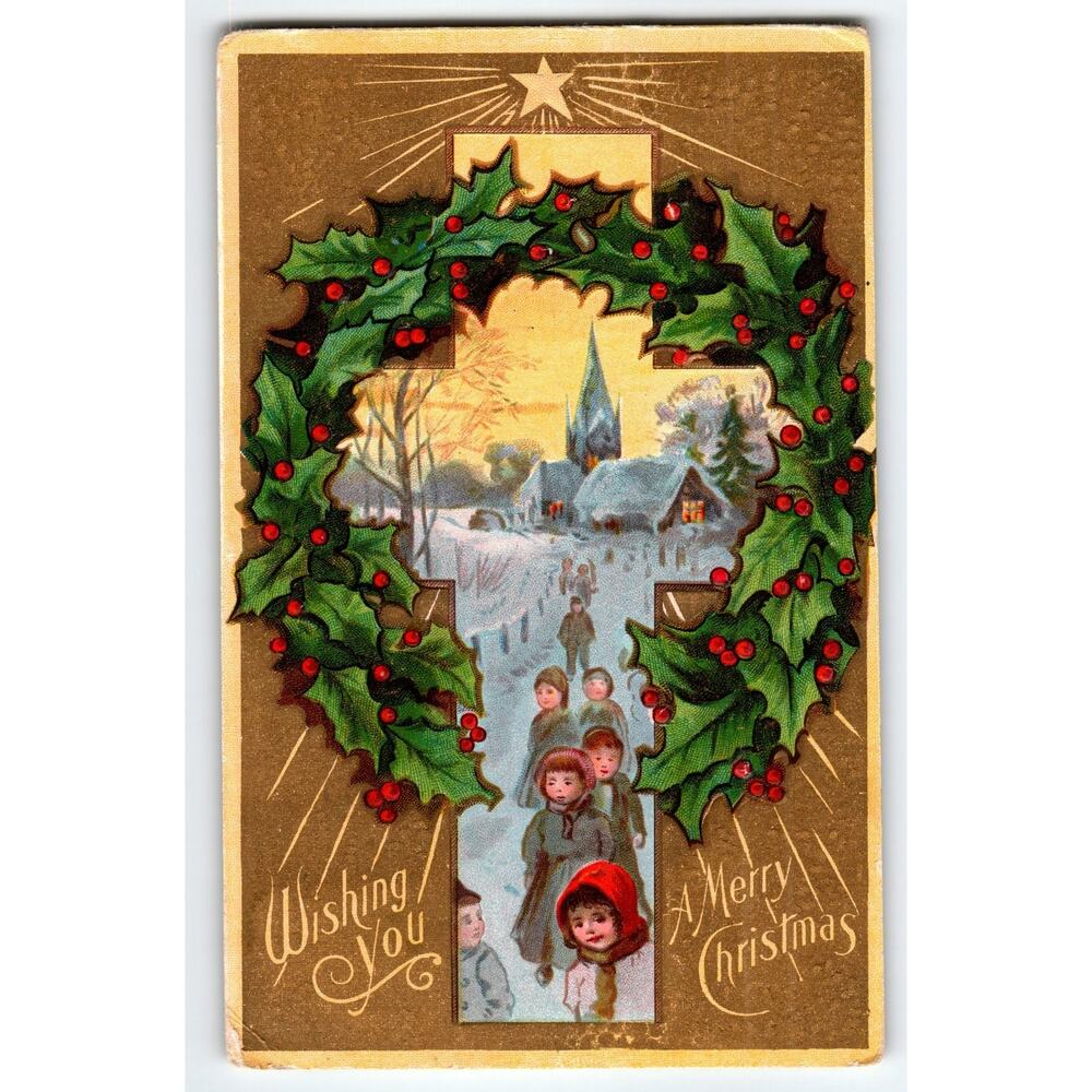 Vintage Christmas Postcard Children with Holly Wreath & Church Scene Gold BG